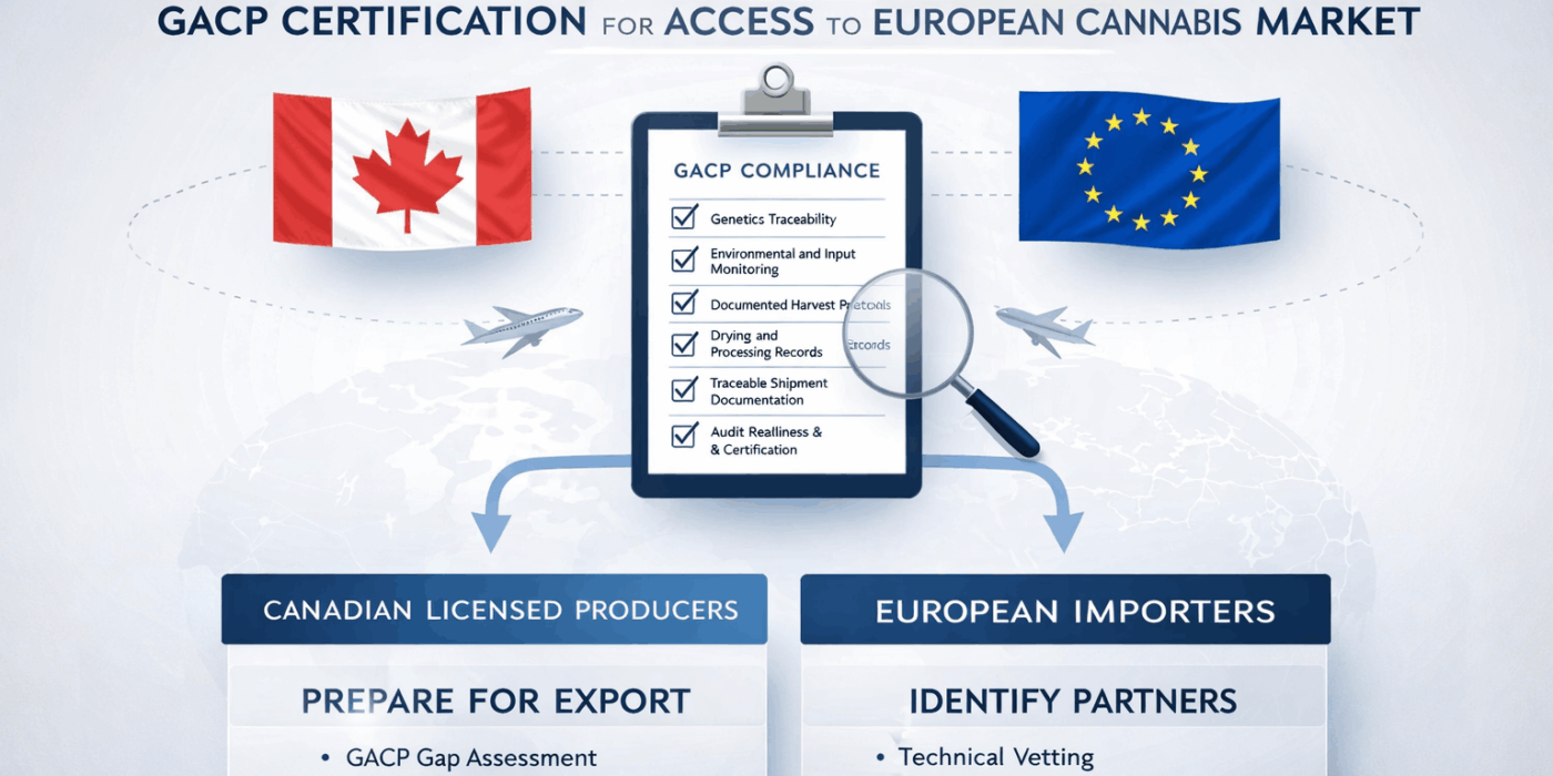 Clean, corporate infographic illustrating GACP compliance for Canadian licensed producers exporting to Europe, featuring a central compliance checklist, Canada and EU flags, and structured pathways for producers and importers.
