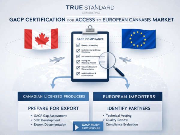 Clean, corporate infographic illustrating GACP compliance for Canadian licensed producers exporting to Europe, featuring a central compliance checklist, Canada and EU flags, and structured pathways for producers and importers.
