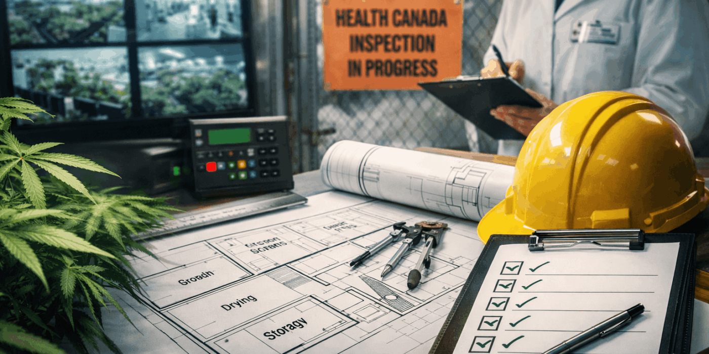 Health Canada micro-cultivation licence preparation with cannabis plants, facility floor plans, security checklist, and inspection setup in Canada.