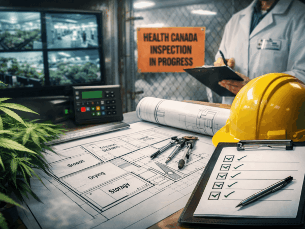 Health Canada micro-cultivation licence preparation with cannabis plants, facility floor plans, security checklist, and inspection setup in Canada.