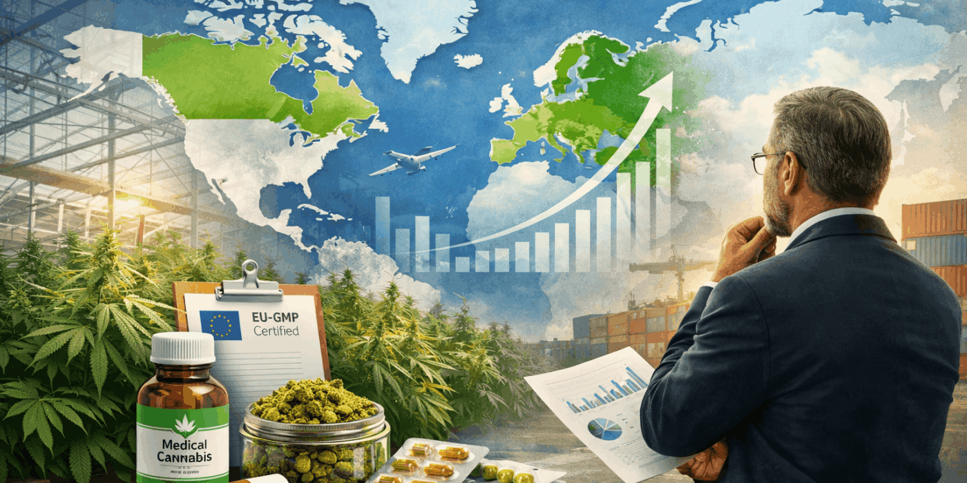 Global medical cannabis market illustration showing cannabis cultivation in a greenhouse, EU-GMP certification, international export logistics, and an investor analyzing market growth across Europe and North America.