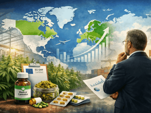 Global medical cannabis market illustration showing cannabis cultivation in a greenhouse, EU-GMP certification, international export logistics, and an investor analyzing market growth across Europe and North America.