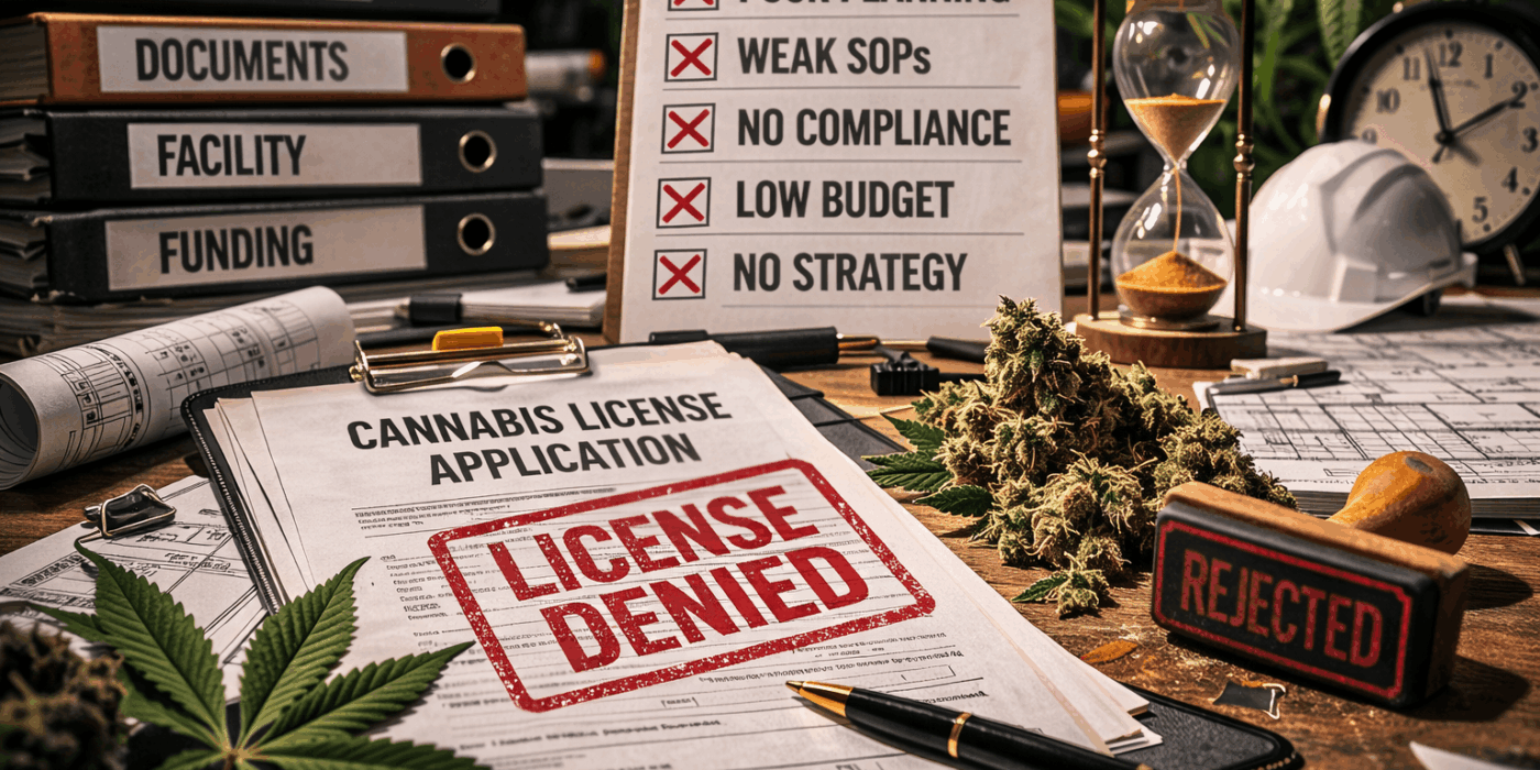 Cannabis license application documents stamped “License Denied” on a desk with compliance binders, facility plans, and cannabis buds, illustrating common reasons cannabis projects fail during the licensing process.