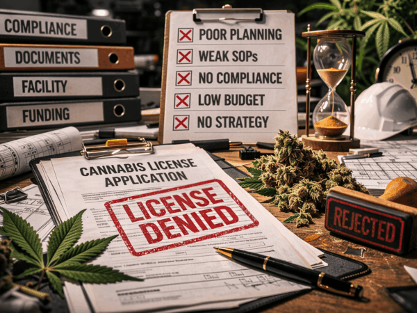Cannabis license application documents stamped “License Denied” on a desk with compliance binders, facility plans, and cannabis buds, illustrating common reasons cannabis projects fail during the licensing process.