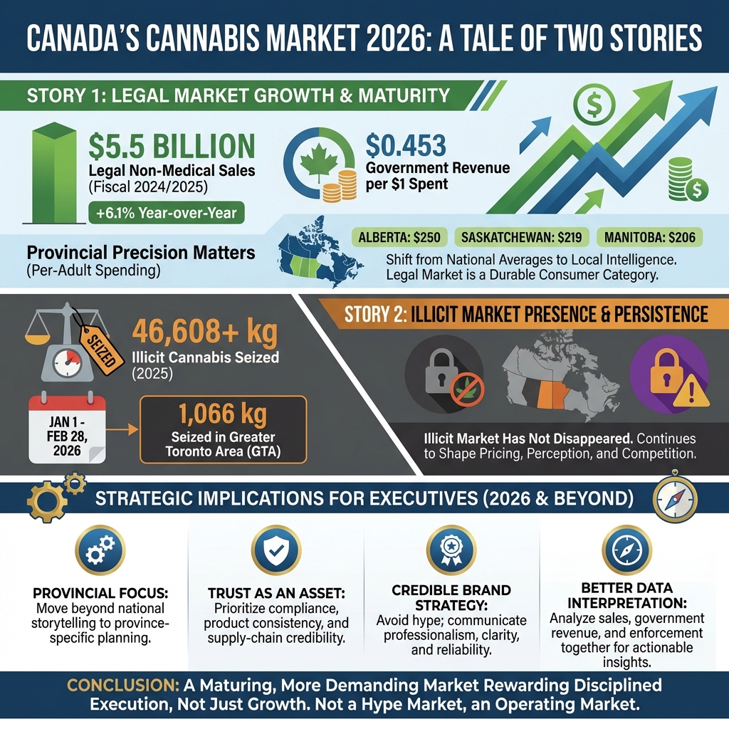 Square infographic titled “Canada’s Two-Speed Cannabis Market.” The graphic shows legal sales at $5.5B, annual growth of 6.1%, government revenue of $0.453 per dollar spent, provincial per-adult spending led by Alberta, and an alert card showing 1,066 kg of illicit cannabis seized. A central message says both growth and friction are true.
