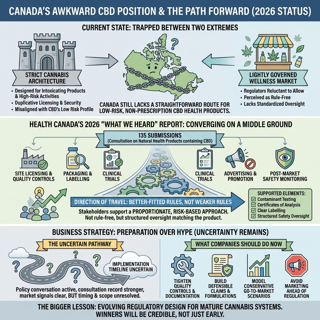 Square roadmap infographic titled “Canada’s CBD Pathway.” The graphic shows a current cannabis-only framework, a consultation milestone with 135 submissions and five policy elements, and a future possible risk-based path for low-risk CBD health products. A note says the pathway is moving but not final yet.