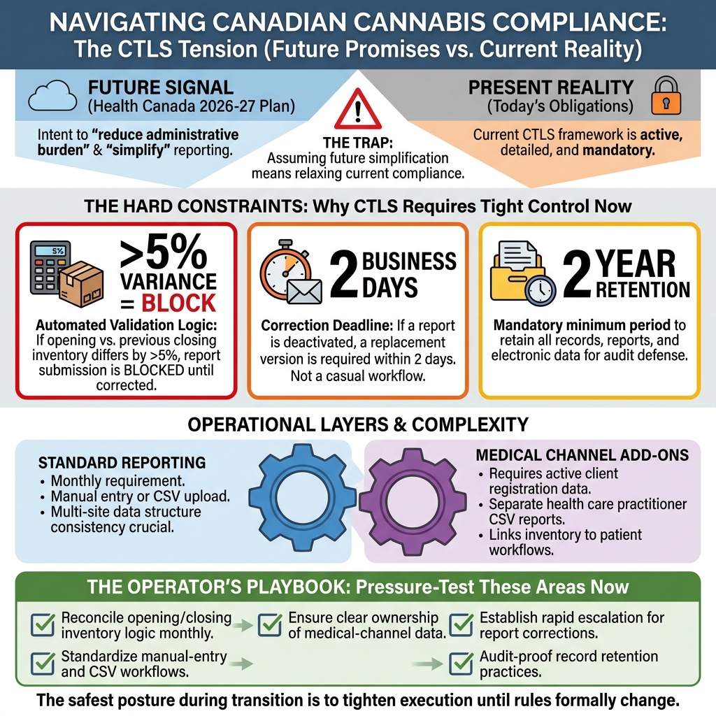 Square compliance pipeline infographic titled "CTLS Reporting in Canada." The image shows a monthly reporting workflow with inventory checks, manual versus CSV submission, variance validation, replacement-report deadlines, and record-retention reminders.