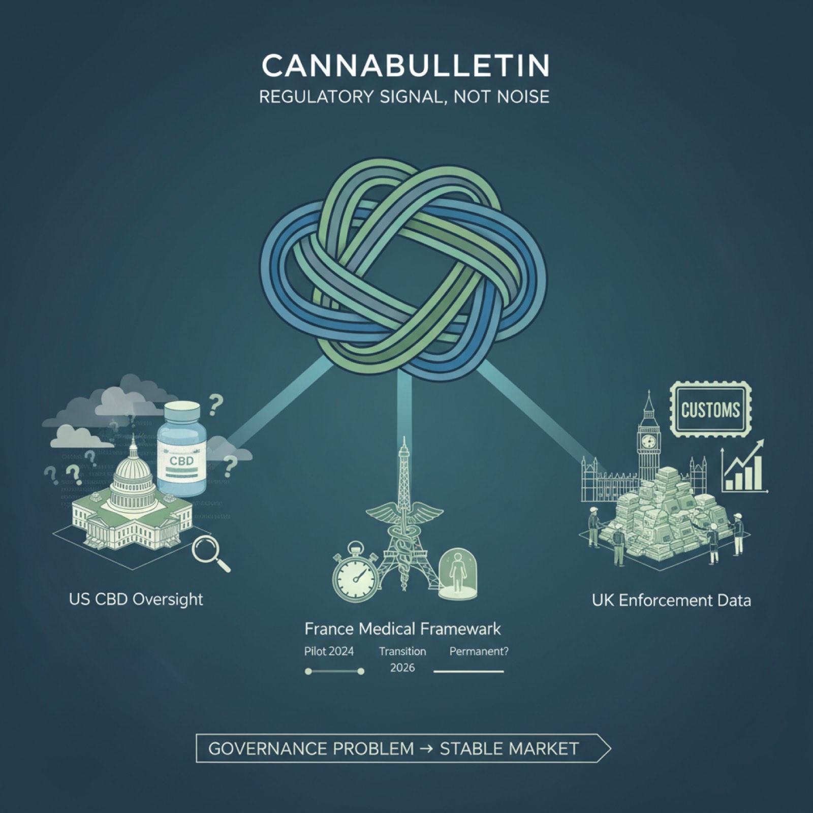 Square newsletter-style infographic titled The Cannabulletin. Three illustrated panels show a US CBD policy file, a French medical cannabis continuity bridge, and a UK border seizure map. The overall theme is global cannabis governance signals.